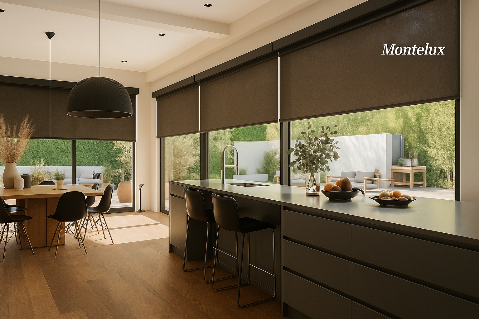 Cortina roller screen blanca instalada en sala de estar en Santiago